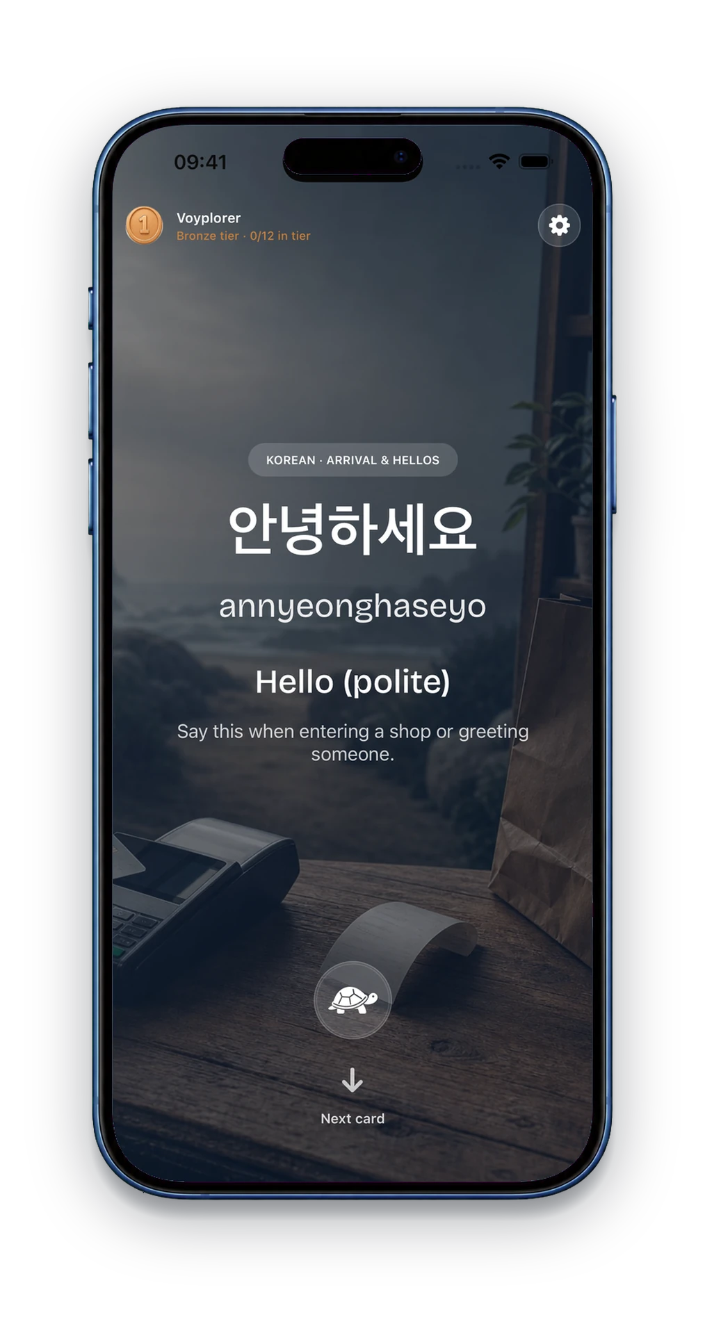 Voyplorer Korean phrase card for hello in a moody café scene