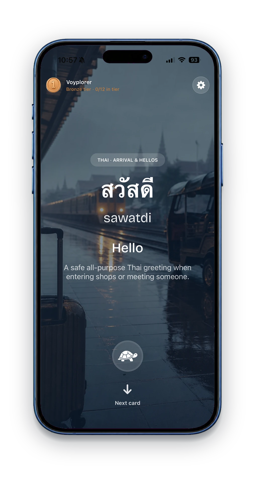 Voyplorer Thai phrase card for hello at a rainy train platform